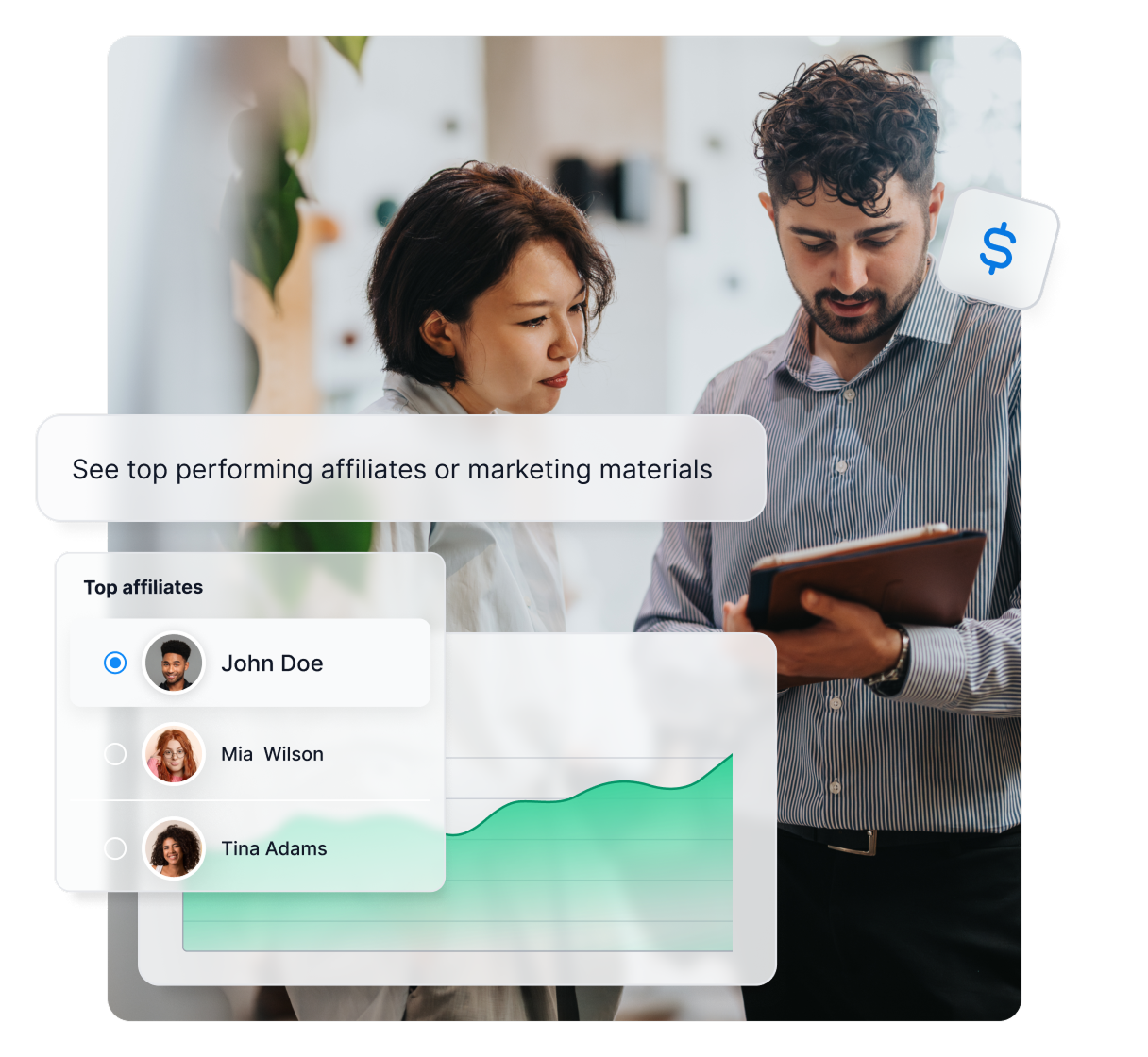 Funkcia affiliate prehľadov v Post Affiliate Pro zobrazujúca top partnerov, výkon bannerov a úspešnosť kampaní.